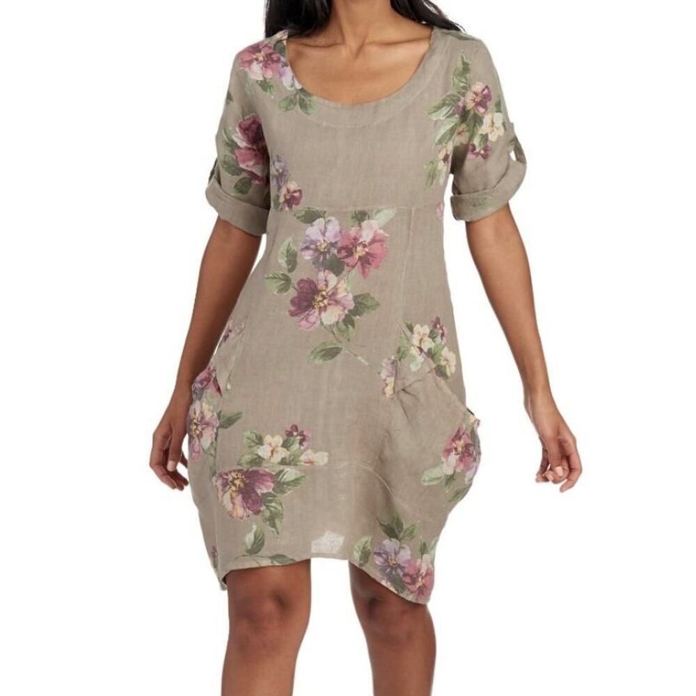 Vasna Linen Tunic Dress Pockets Beige Floral Roll Tab Sleeve Medium Lagenlook